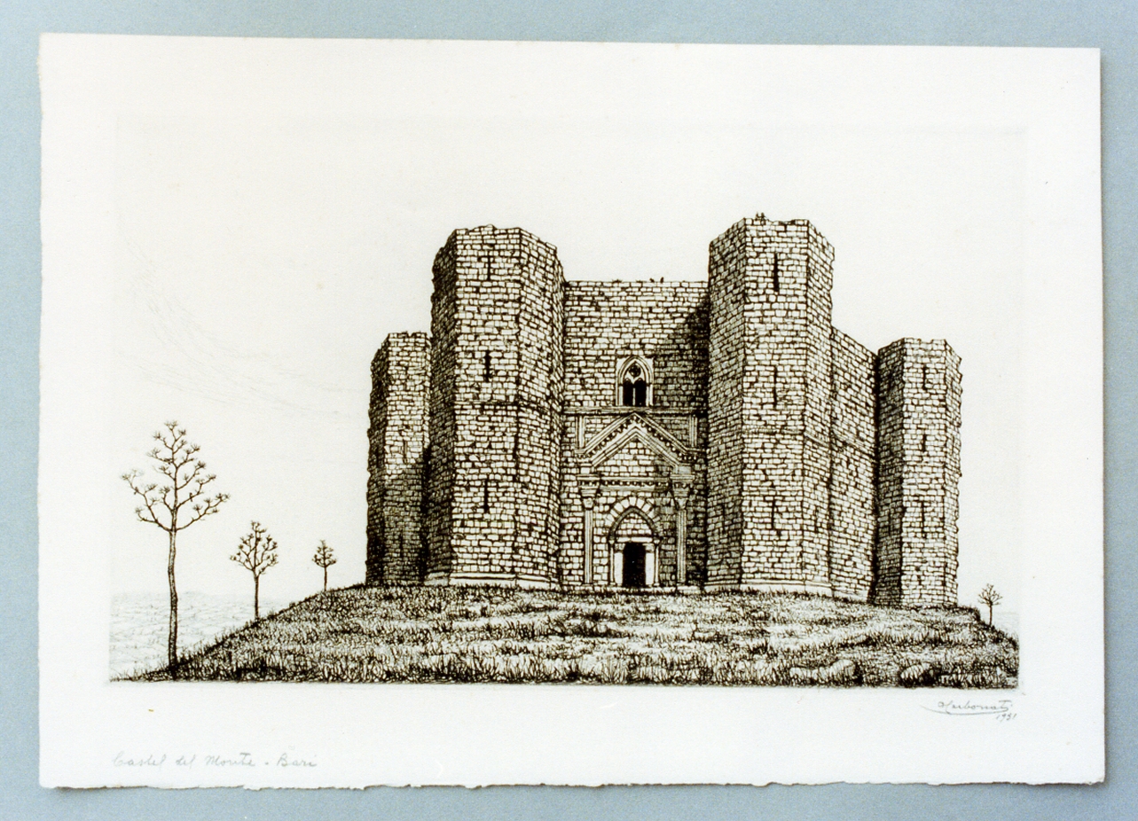 veduta di Castel del Monte (stampa) di Carbonati Antonio (sec. XX)