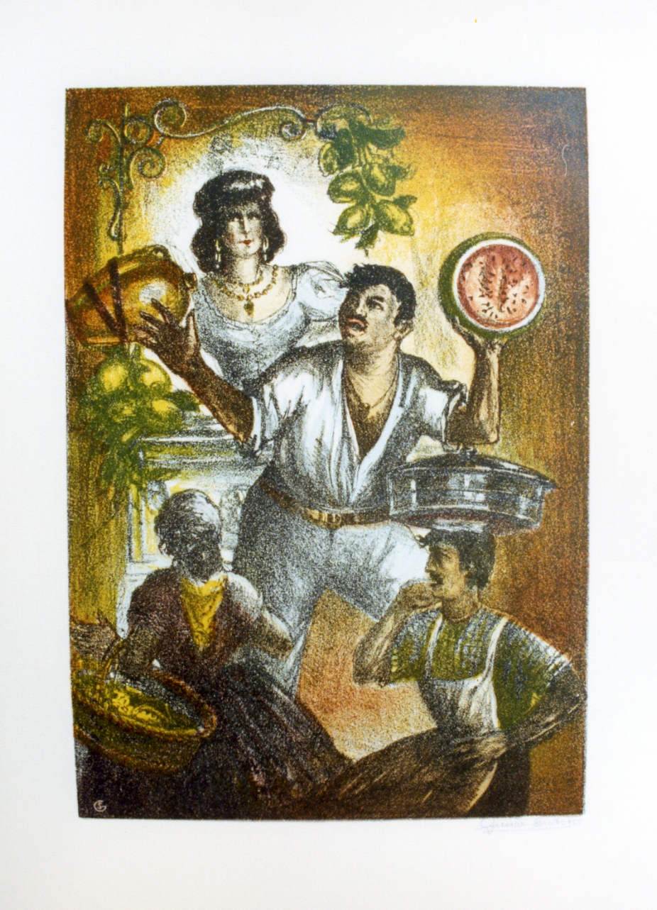 venditore di cocomeri (stampa a colori) di Spirito Giuseppe (sec. XX)
