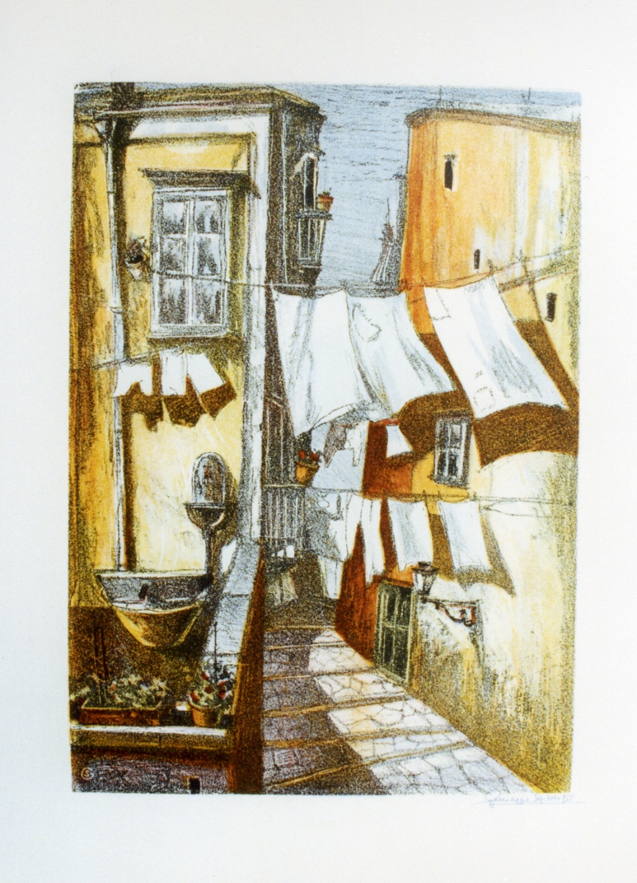 veduta di un vicolo napoletano (stampa a colori) di Spirito Giuseppe (sec. XX)