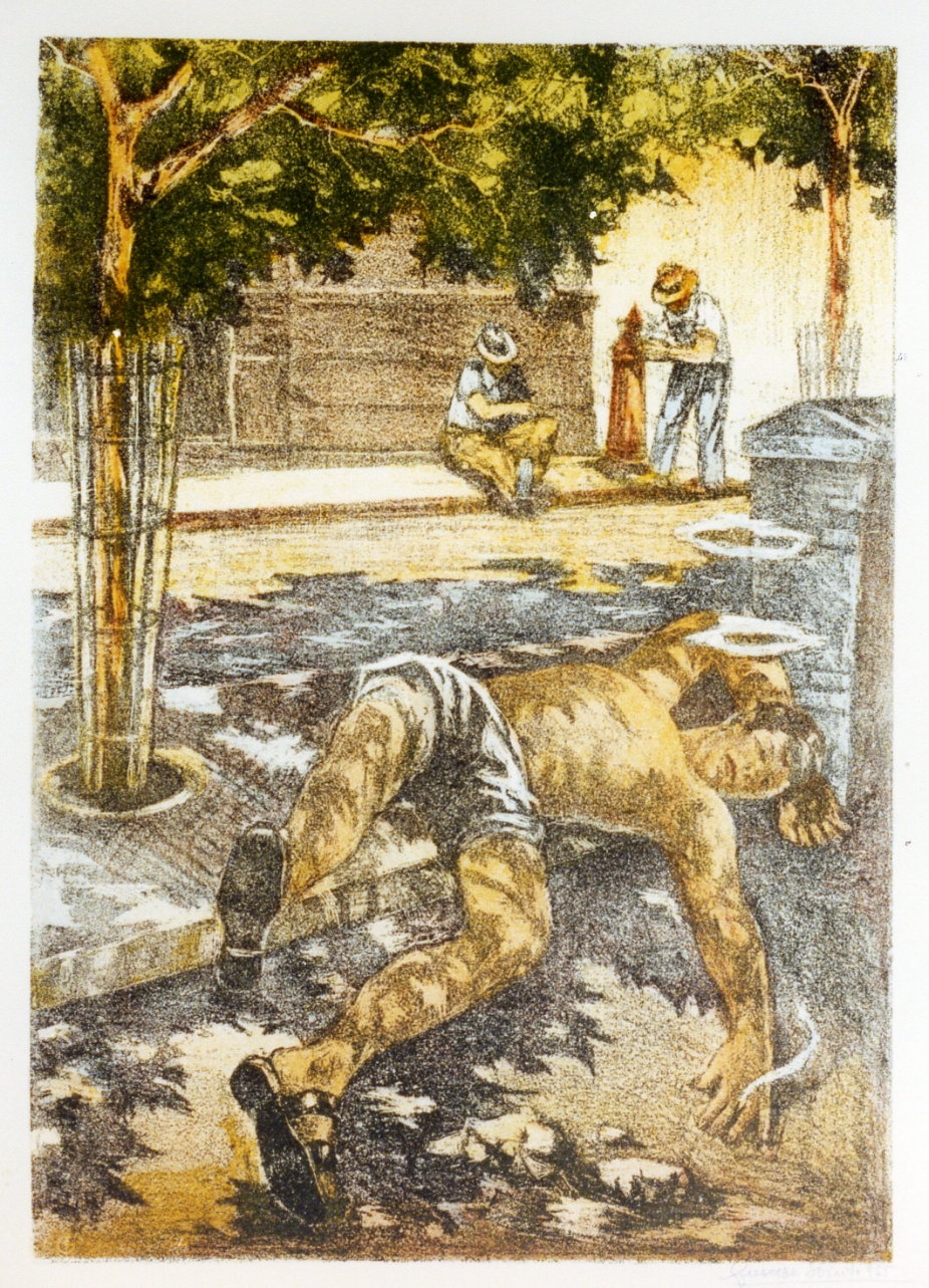 figura maschile distesa che fuma (stampa a colori) di Spirito Giuseppe (sec. XX)