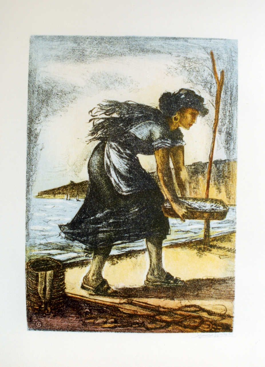 venditrice di pesce (stampa a colori) di Spirito Giuseppe (sec. XX)