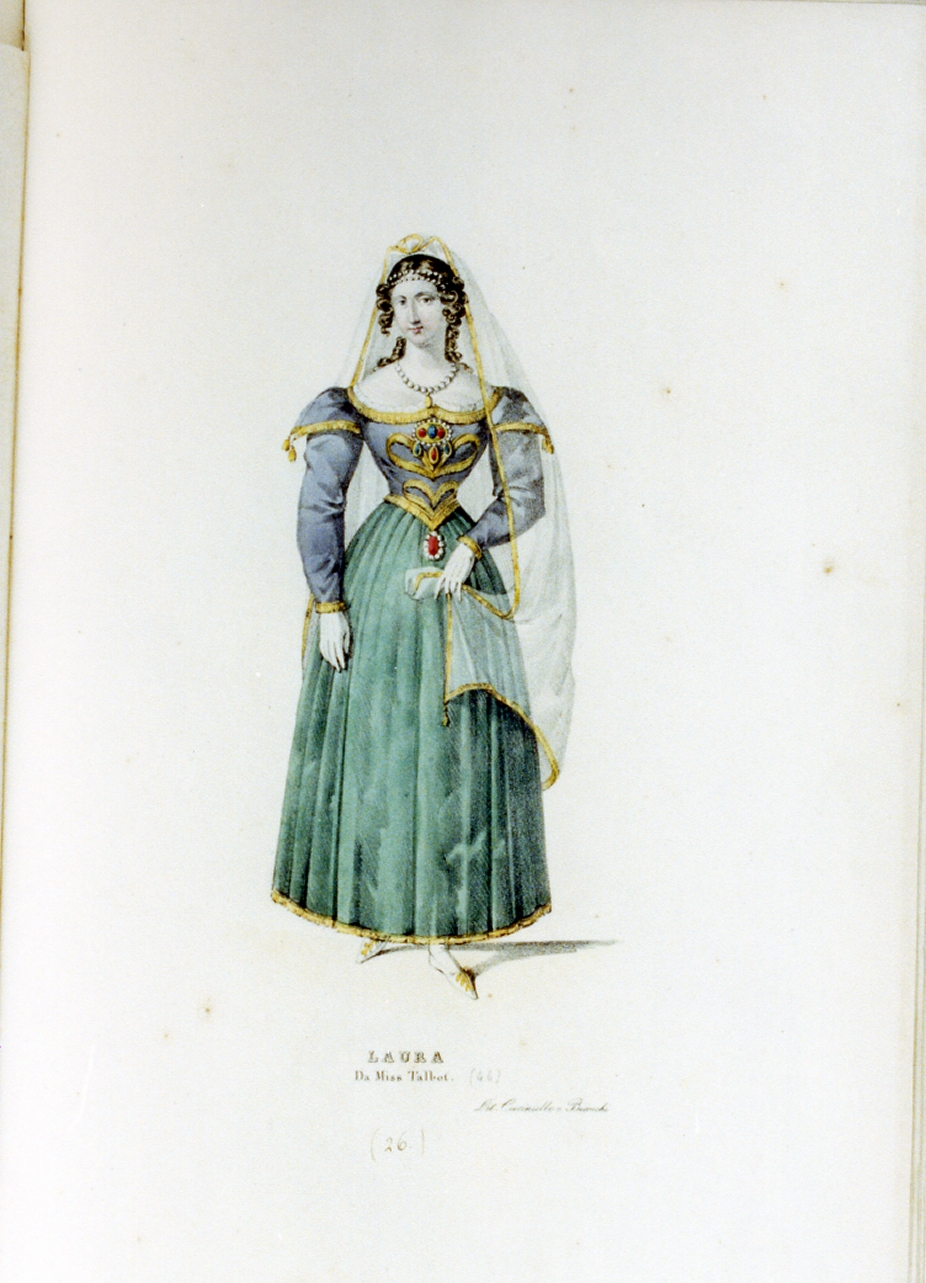 personaggio della mascherata del 1827 al teatro San Carlo (stampa a colori) di Bianchi Lorenzo, Cuciniello Domenico (sec. XIX)