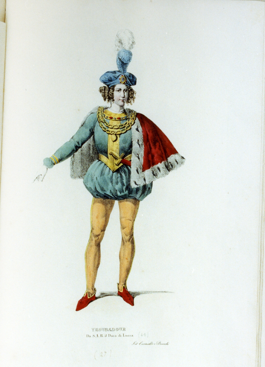 personaggio della mascherata del 1827 al teatro San Carlo (stampa a colori) di Cuciniello Domenico, Bianchi Lorenzo (sec. XIX)