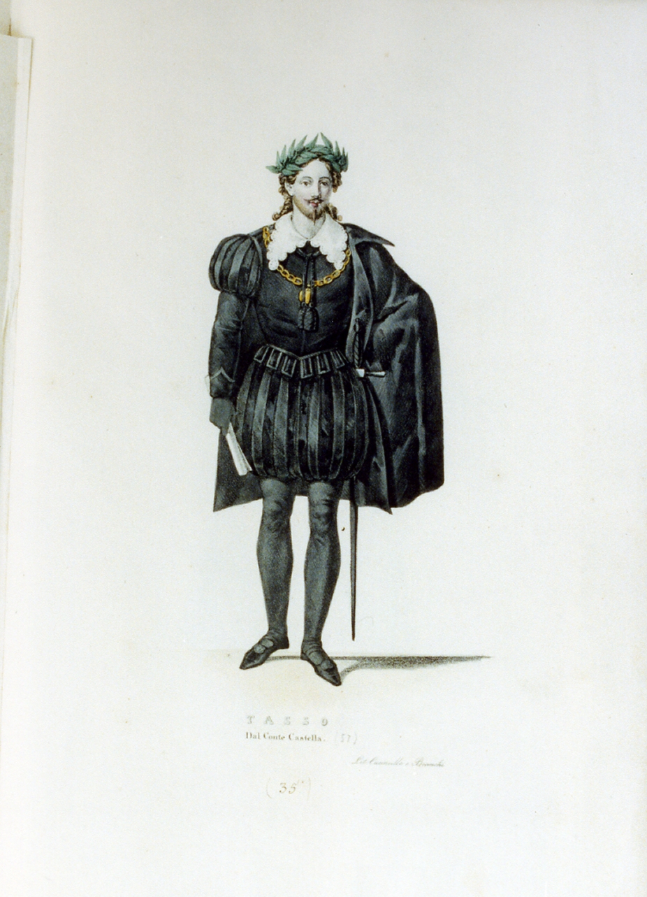 personaggio della mascherata del 1827 al teatro San Carlo (stampa a colori) di Cuciniello Domenico, Bianchi Lorenzo (sec. XIX)