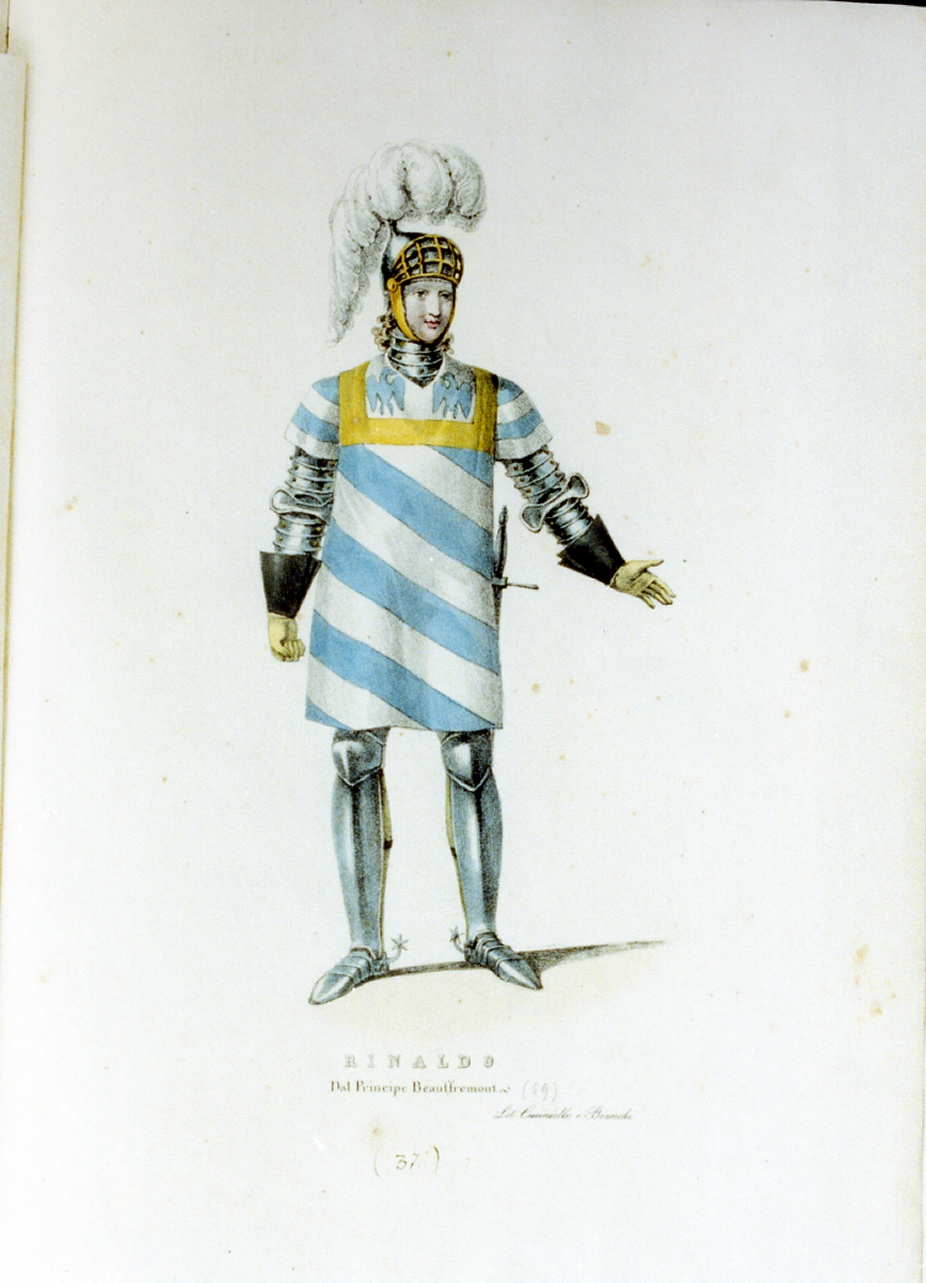 personaggio della mascherata del 1827 al teatro San Carlo (stampa a colori) di Bianchi Lorenzo, Cuciniello Domenico (sec. XIX)