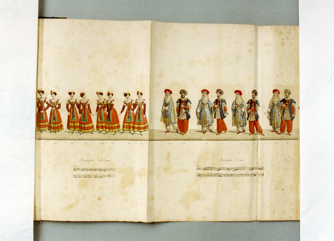 personaggi della mascherata del 1827 al teatro San Carlo (stampa a colori) di Bianchi Lorenzo, Cuciniello Domenico (sec. XIX)