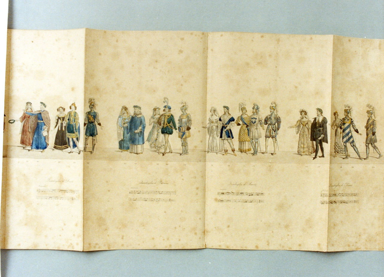 personaggi della mascherata del 1827 al teatro San Carlo (stampa a colori) di Bianchi Lorenzo, Cuciniello Domenico (sec. XIX)