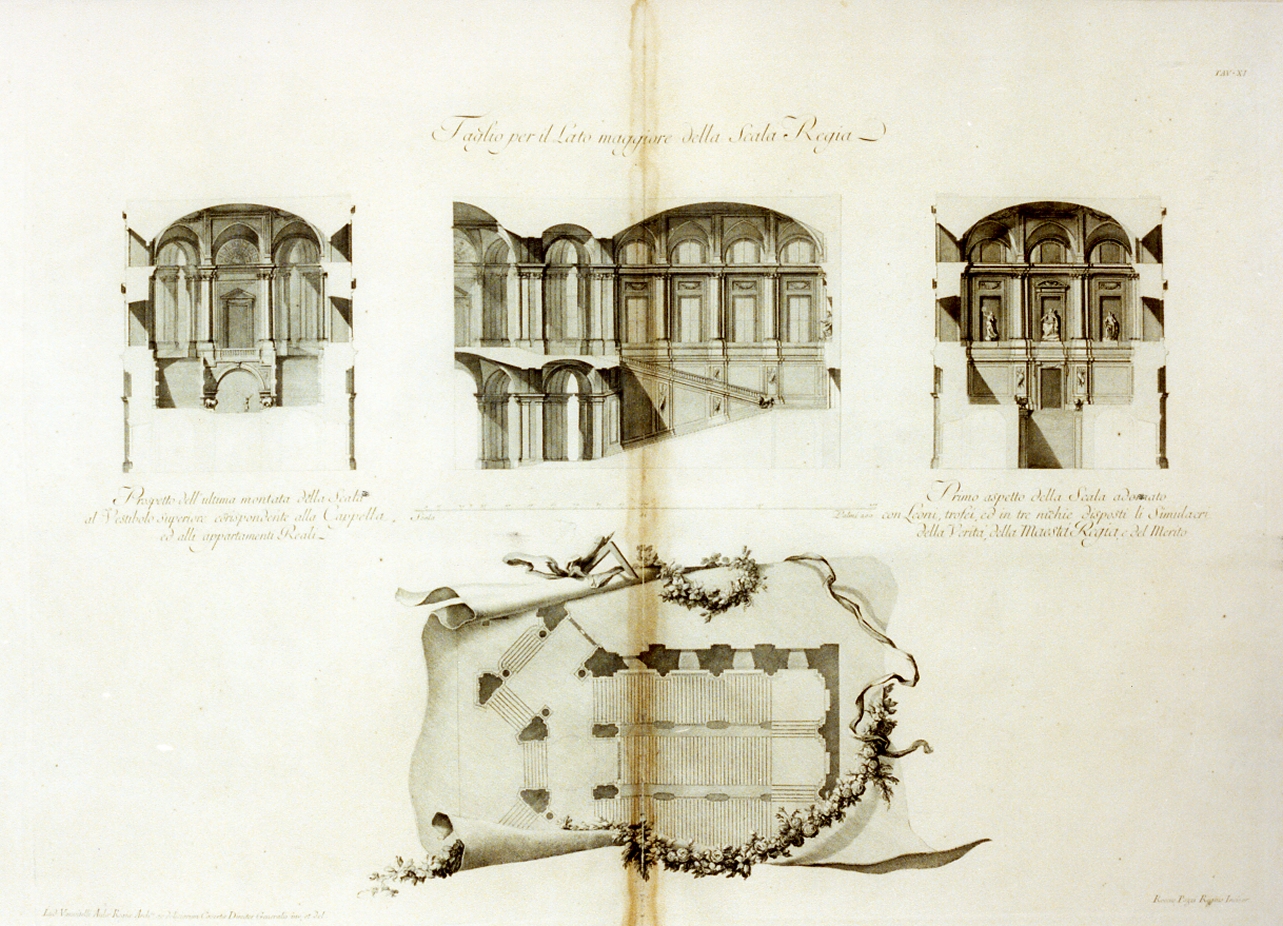 sezione e pianta dello scalone d'onore del palazzo reale di Caserta (stampa) di Vanvitelli Luigi, Pozzi Rocco (sec. XVIII)
