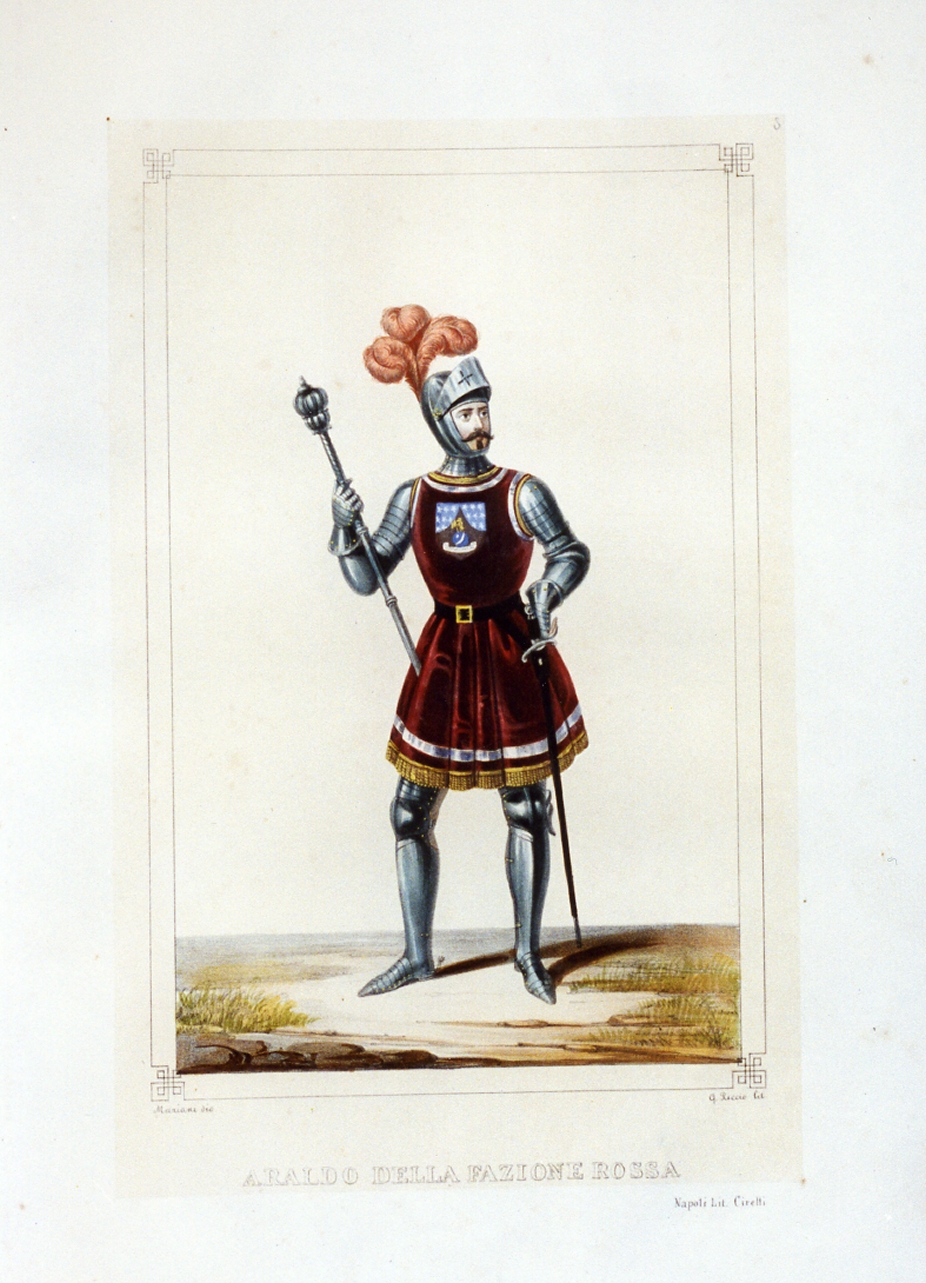 personaggio del torneo di Caserta nel carnevale del 1846 (stampa a colori) di Mariani Gregorio (sec. XIX)