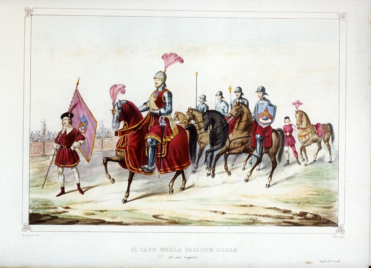personaggio del torneo di Caserta nel carnevale del 1846 (stampa a colori) di Mariani Gregorio (sec. XIX)