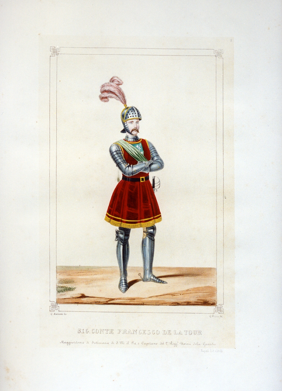 personaggio del torneo di Caserta nel carnevale del 1846 (stampa a colori) di Mariani Gregorio (sec. XIX)