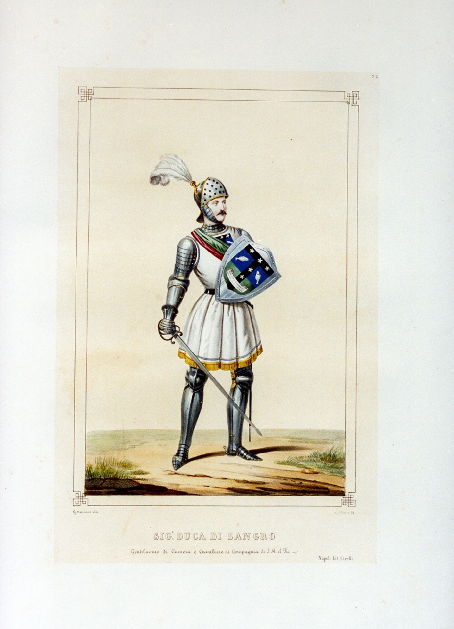 personaggio del torneo di Caserta nel carnevale del 1846 (stampa a colori) di Mariani Gregorio (sec. XIX)