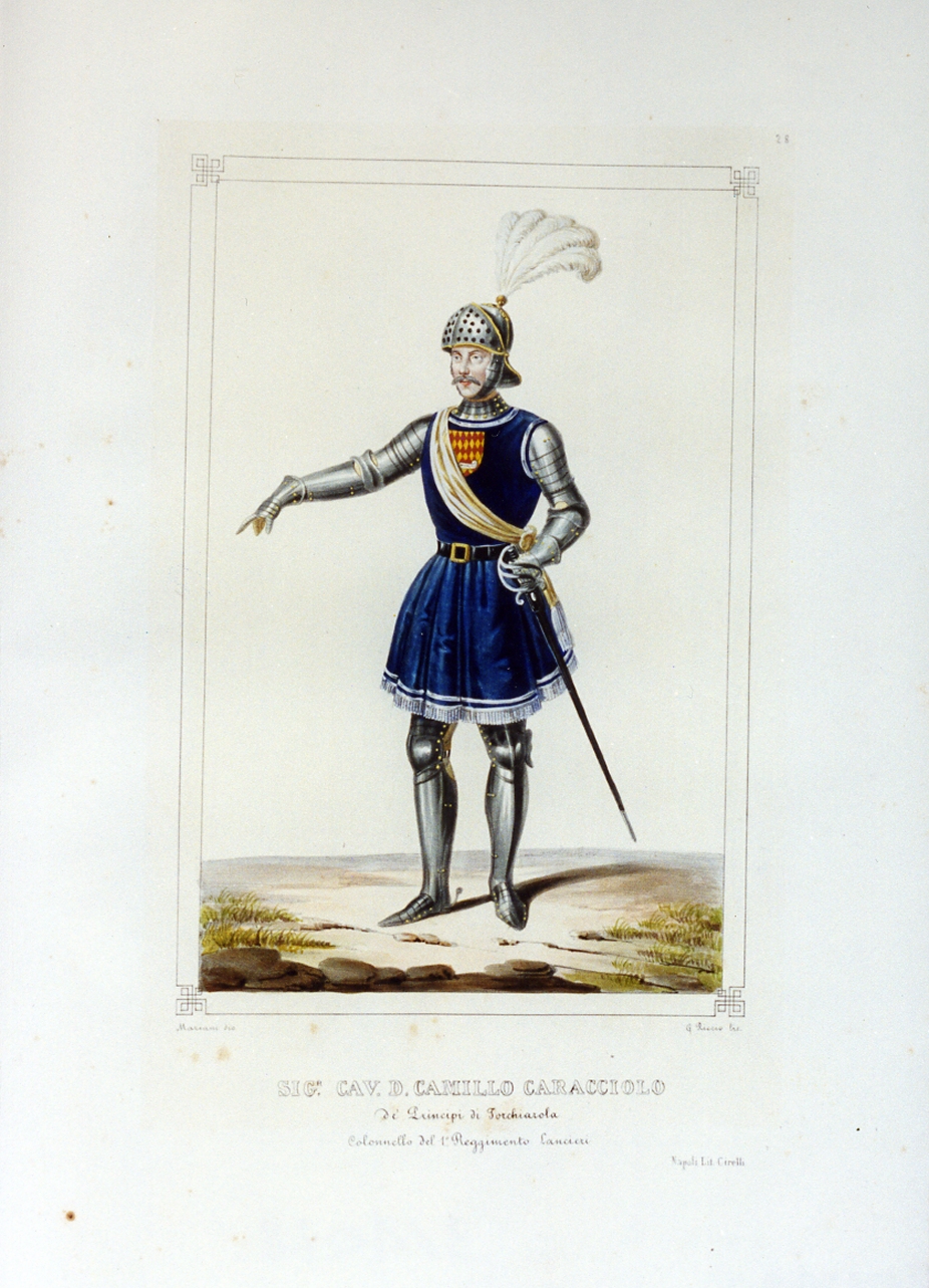 personaggio del torneo di Caserta nel carnevale del 1846 (stampa a colori) di Mariani Gregorio (sec. XIX)