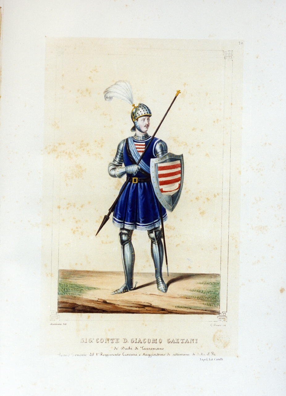 personaggio del torneo di Caserta nel carnevale del 1846 (stampa a colori) di Mariani Gregorio (sec. XIX)