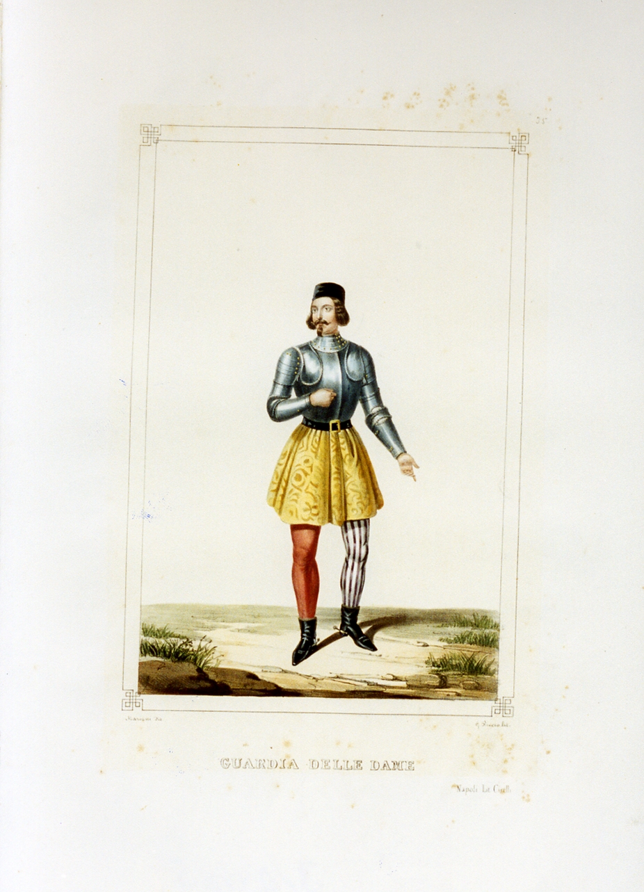 personaggio del torneo di Caserta nel carnevale del 1846 (stampa a colori) di Mariani Gregorio (sec. XIX)