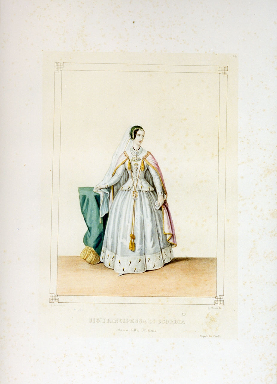 personaggio del torneo di Caserta nel carnevale del 1846 (stampa a colori) di Mariani Gregorio (sec. XIX)