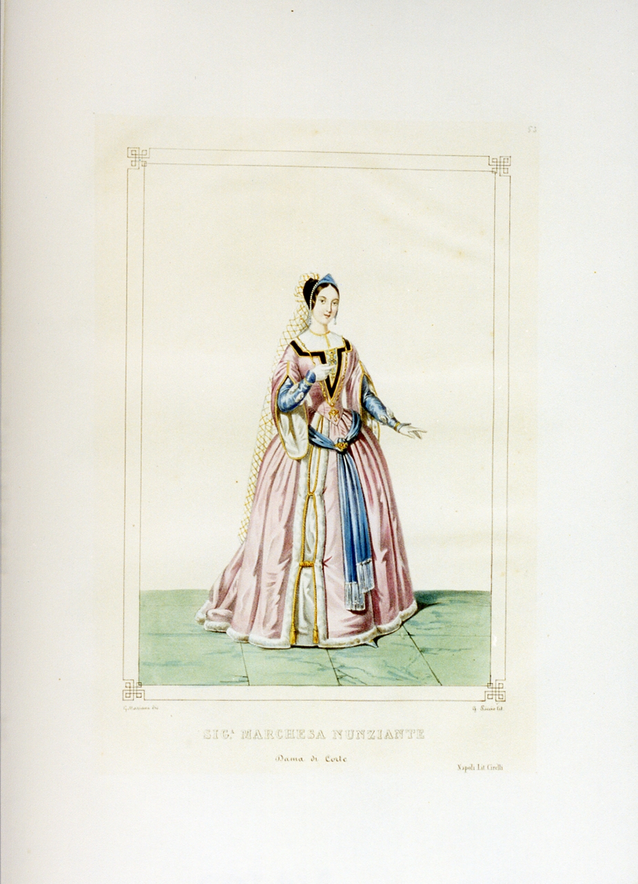 personaggio del torneo di Caserta nel carnevale del 1846 (stampa a colori) di Mariani Gregorio (sec. XIX)