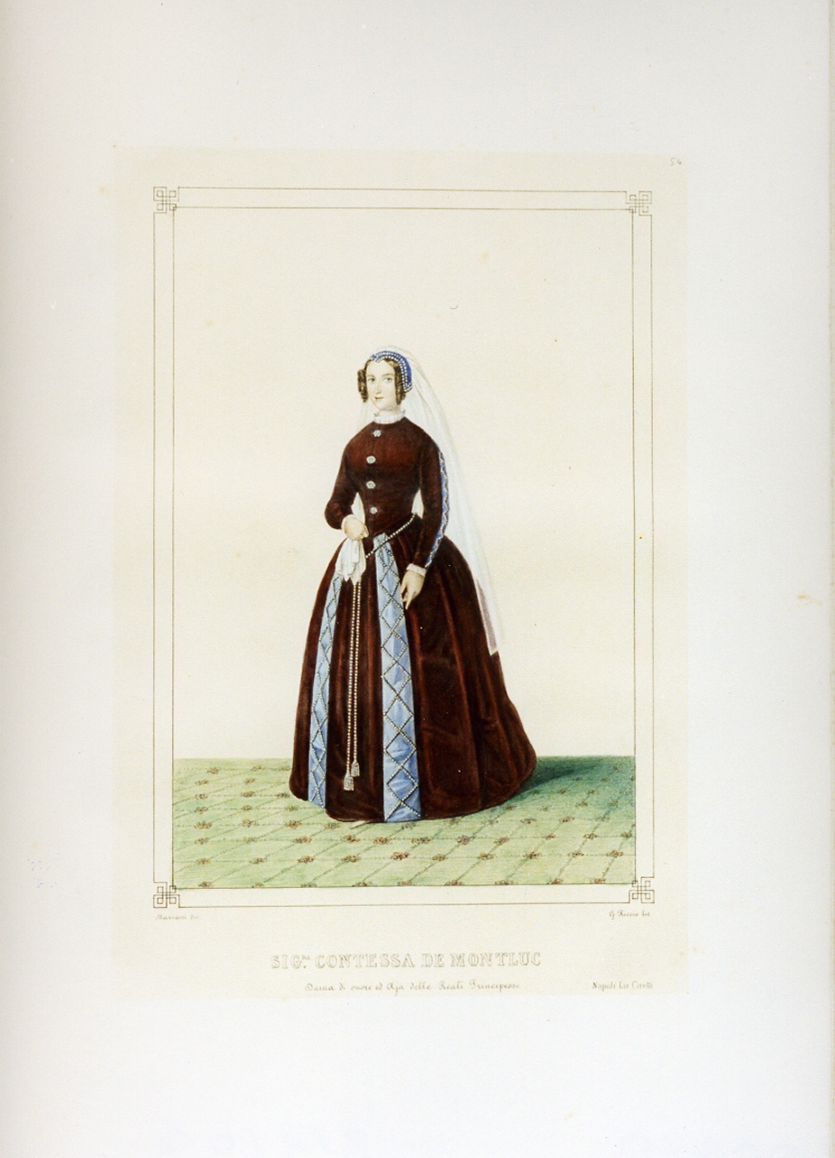 personaggio del torneo di Caserta nel carnevale del 1846 (stampa a colori) di Mariani Gregorio (sec. XIX)