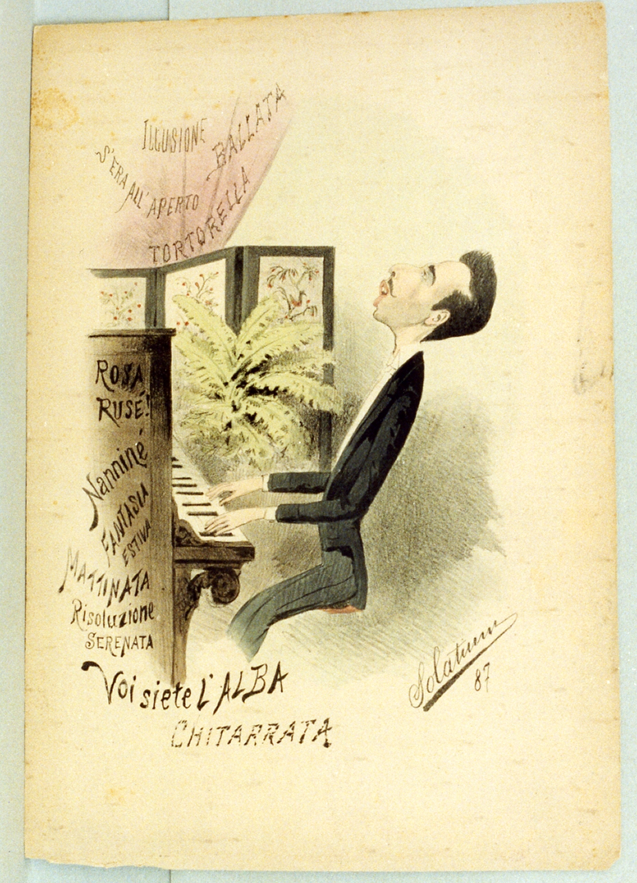 caricatura di cantante napoletano di romanze da camera (stampa a colori) di Buonsollazzi Mario detto Solatium (sec. XIX)