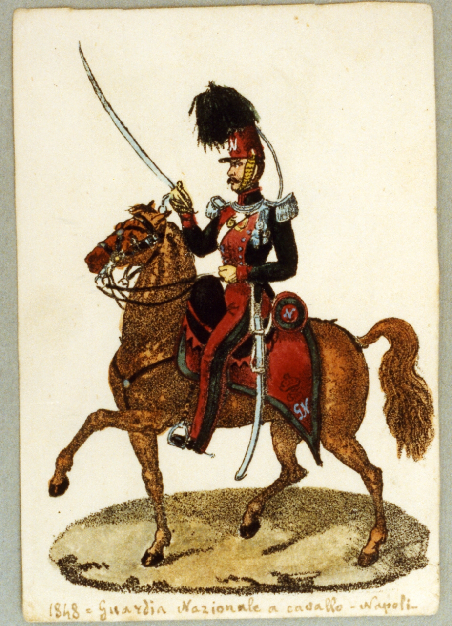 ufficiale borbonico a cavallo della guardia nazionale (stampa) - ambito italiano (sec. XIX)