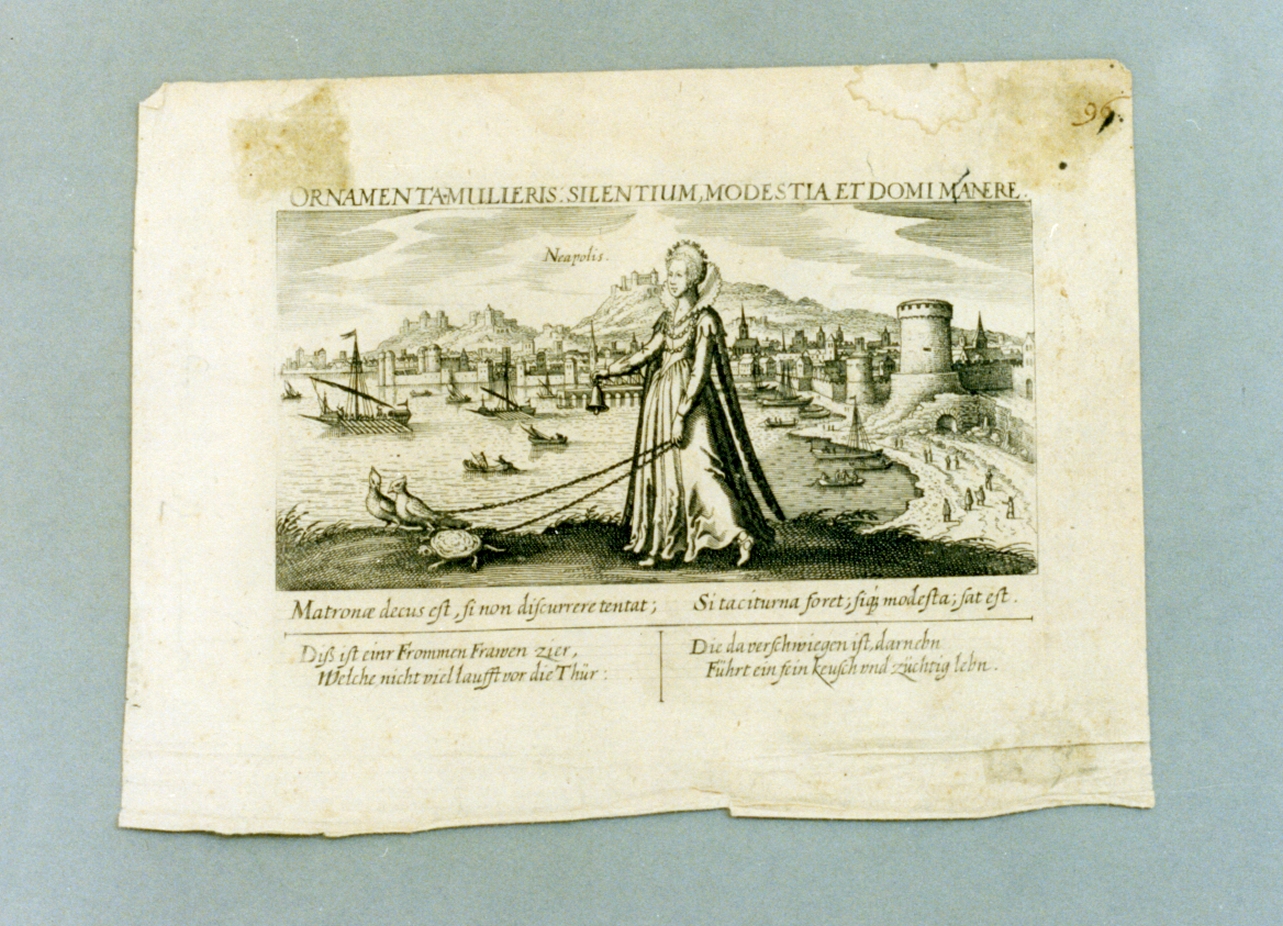 veduta di Napoli con allegoria delle virtù femminili (stampa) - ambito tedesco (secc. XVI/ XVII)