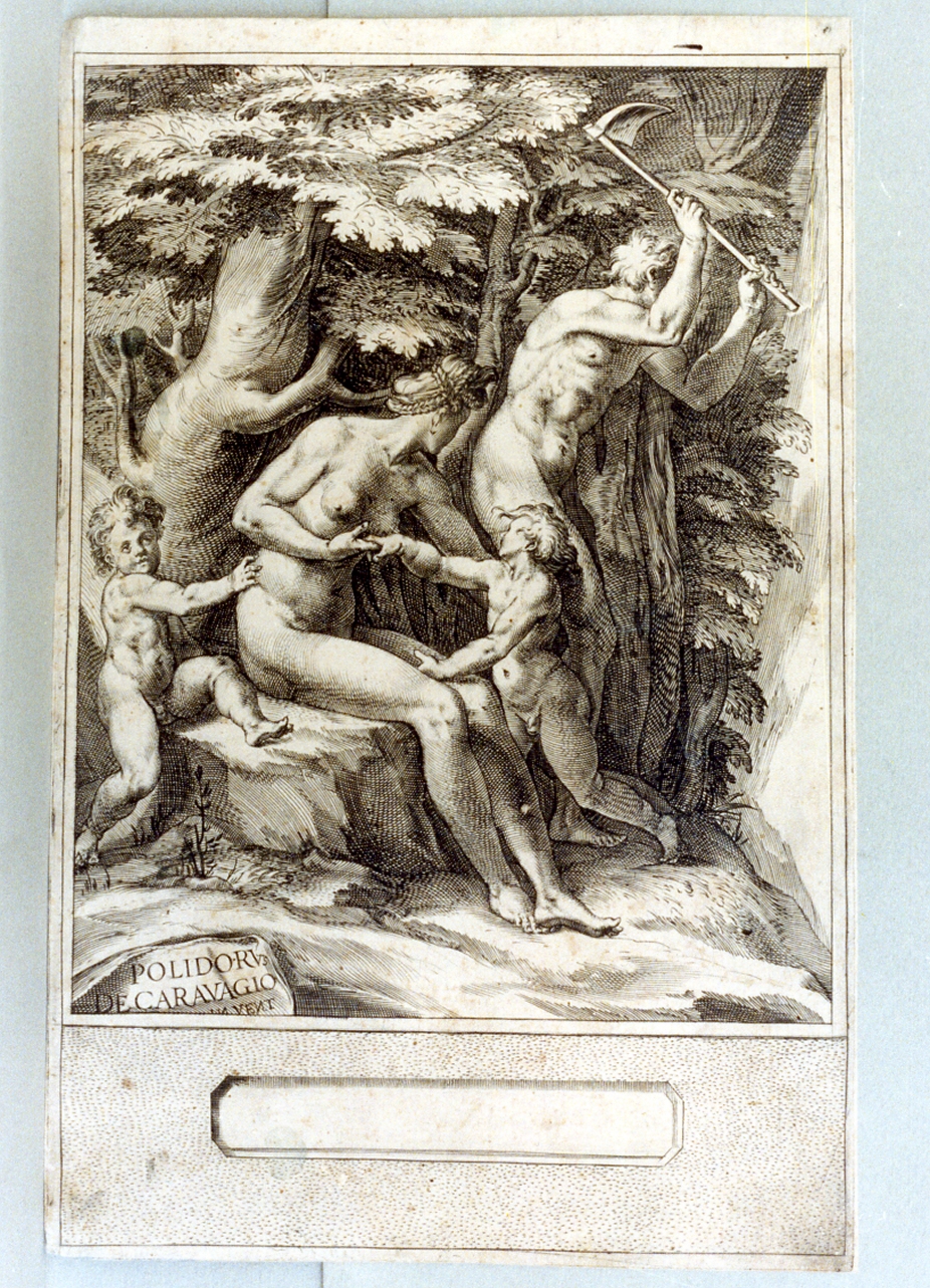 Adamo coltiva la terra mentre Eva allatta i bambini (stampa) di Caldara Polidoro detto Polidoro da Caravaggio (secondo quarto sec. XVII)