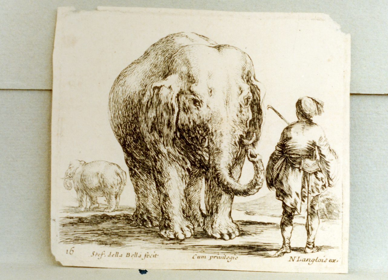 elefante con figura maschile (stampa tagliata) di Della Bella Stefano (sec. XVII)