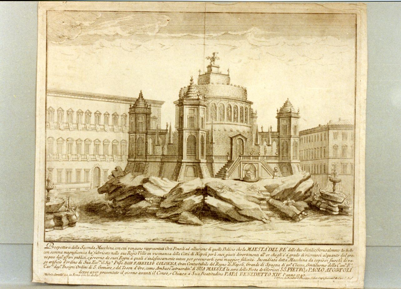 macchina di fuochi artificiali per papa Benedetto XIV (stampa) di De Sorellò Miguel (sec. XVIII)
