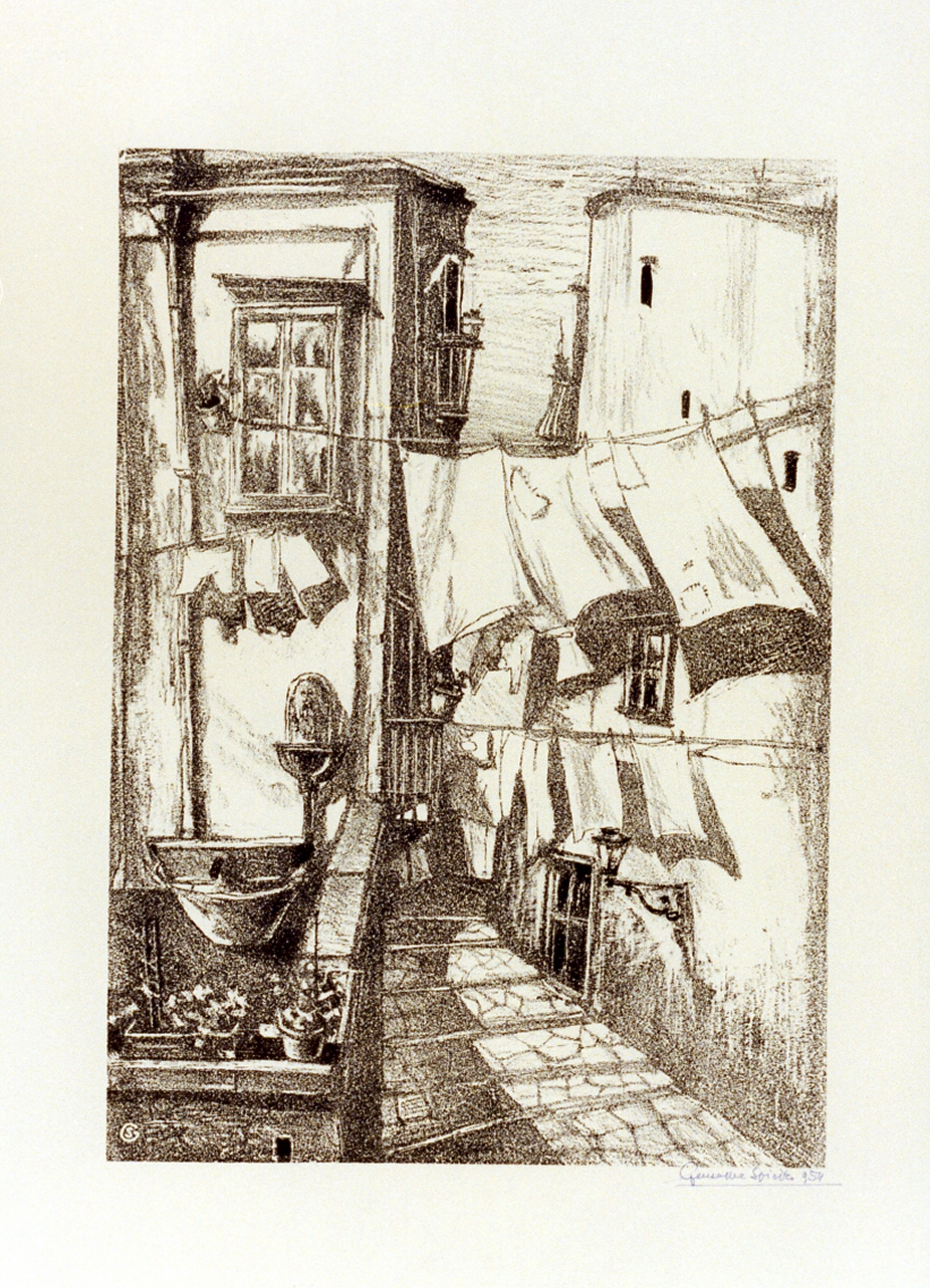 veduta di un vicolo napoletano (stampa) di Spirito Giuseppe (sec. XX)
