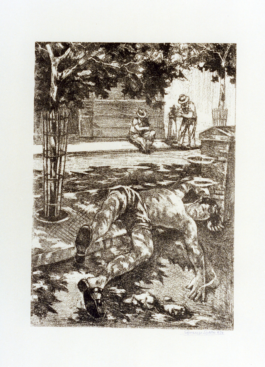 figura maschile distesa che fuma (stampa) di Spirito Giuseppe (sec. XX)