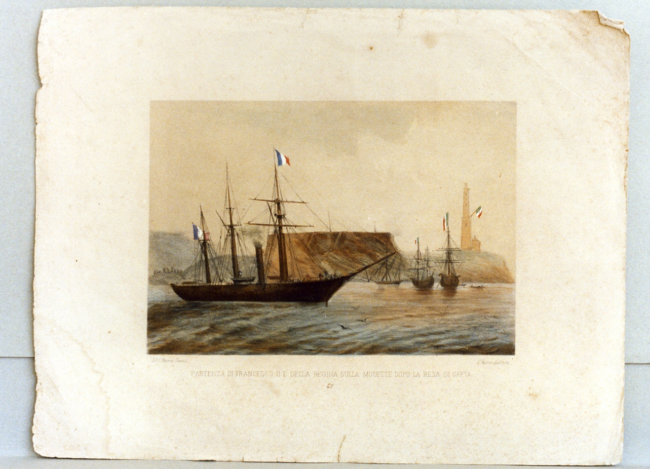 Francesco II di Borbone parte dopo la resa di Gaeta (stampa a colori) - ambito italiano (sec. XIX)