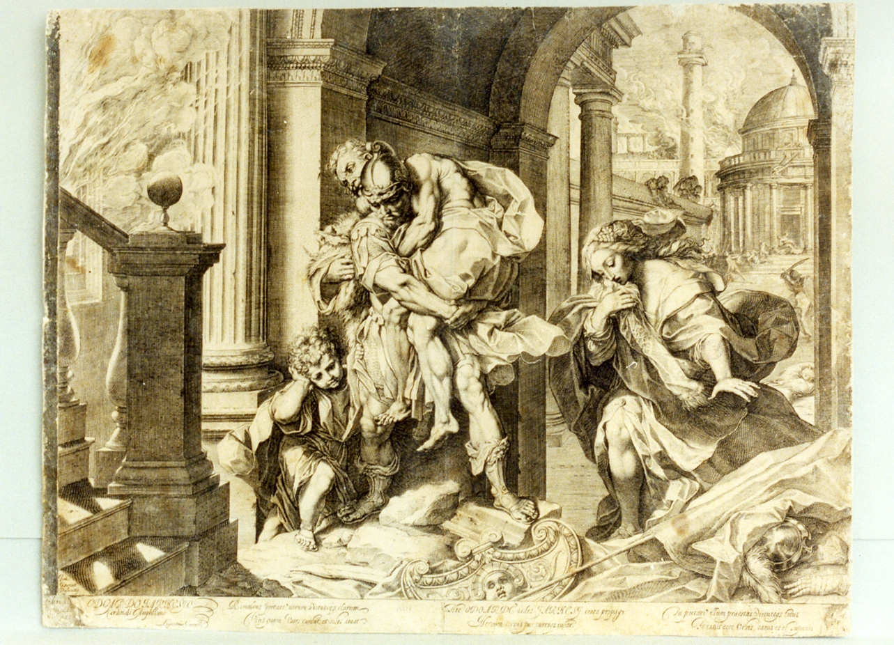Enea e Anchise fuggono da Troia in fiamme (stampa) di Carracci Agostino, Fiori Federico detto Federico Barocci (sec. XVII)