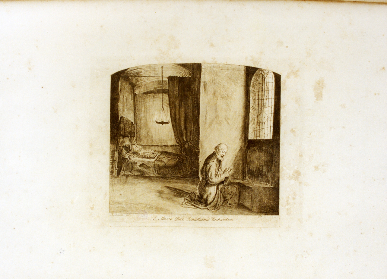 interno con uomo in preghiera (stampa a colori) di Pond Arthur (sec. XVIII)