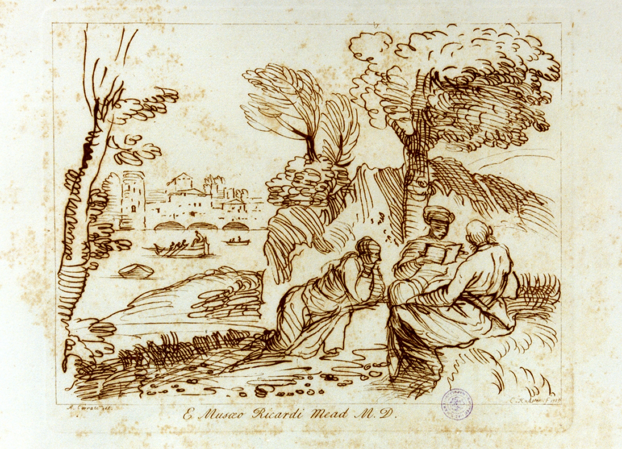 paesaggio con figure (stampa a colori) di Knapton Charles (sec. XVIII)