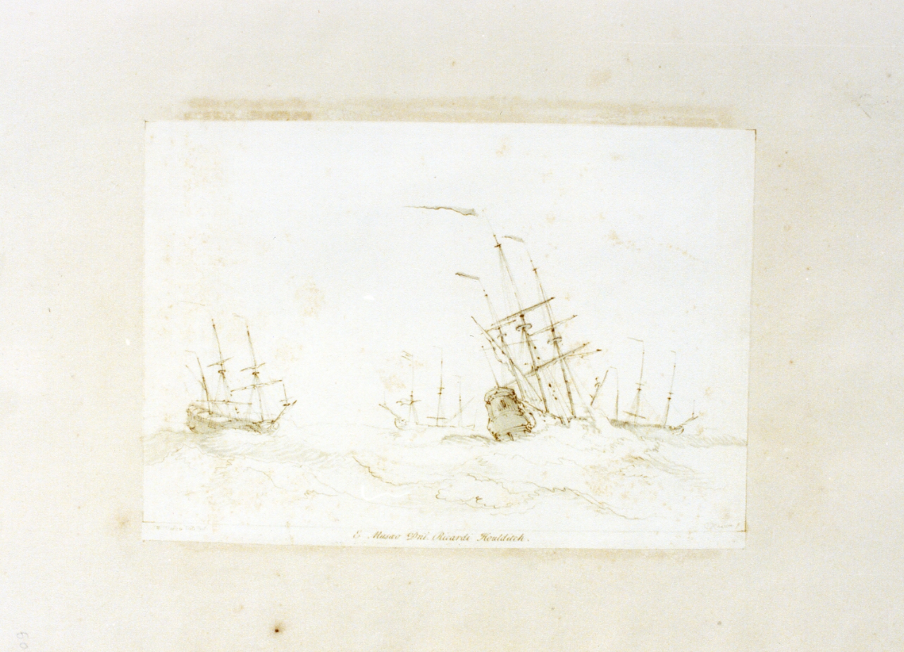 mare in tempesta con navi (stampa a colori) di Knapton Charles (sec. XVIII)