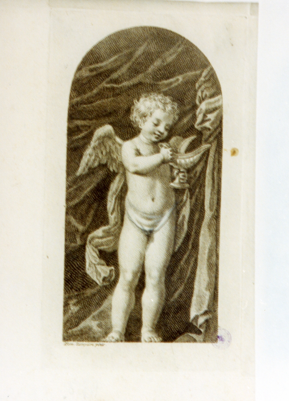 putto alato con navicella porta incenso (stampa) - ambito italiano (sec. XVIII)