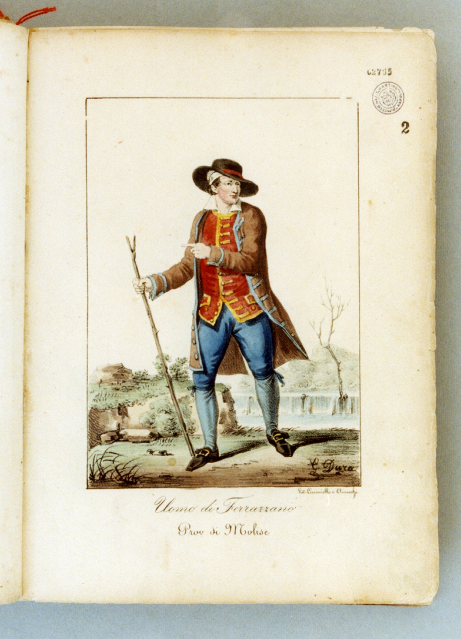 figura maschile in costume tradizionale (stampa a colori) di Bianchi Lorenzo, Dura Gaetano, Cuciniello Domenico (sec. XIX)