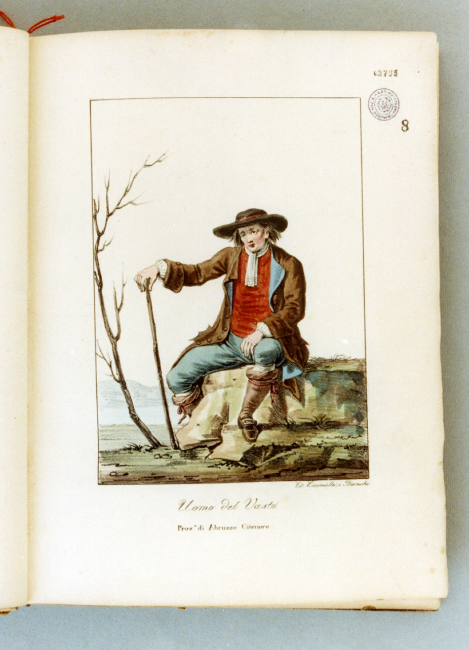 figura maschile seduta in costume tradizionale (stampa a colori) di Cuciniello Domenico, Bianchi Lorenzo (sec. XIX)