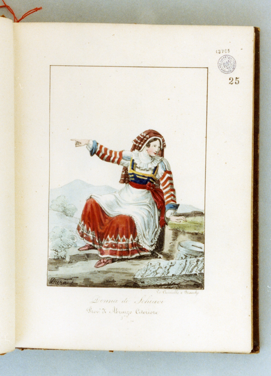 figura femminile seduta in costume tradizionale (stampa a colori) di Cuciniello Domenico, Bianchi Lorenzo, Dura Gaetano (sec. XIX)