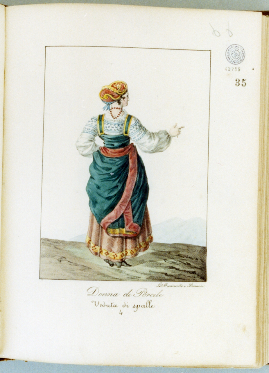 figura femminile di spalle in costume tradizionale (stampa a colori) di Cuciniello Domenico, Bianchi Lorenzo (sec. XIX)