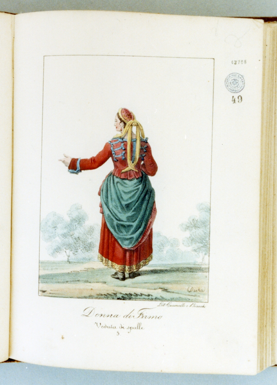 figura femminile di spalle in costume tradizionale (stampa a colori) di Cuciniello Domenico, Dura Gaetano (sec. XIX)
