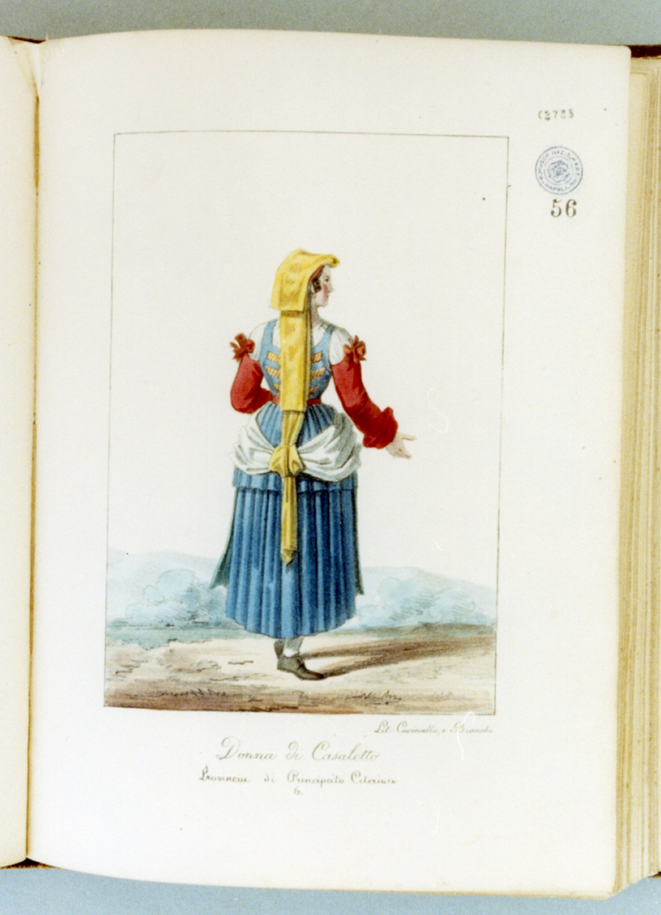 figura femminile di spalle in costume tradizionale (stampa a colori) di Bianchi Lorenzo, Cuciniello Domenico (sec. XIX)