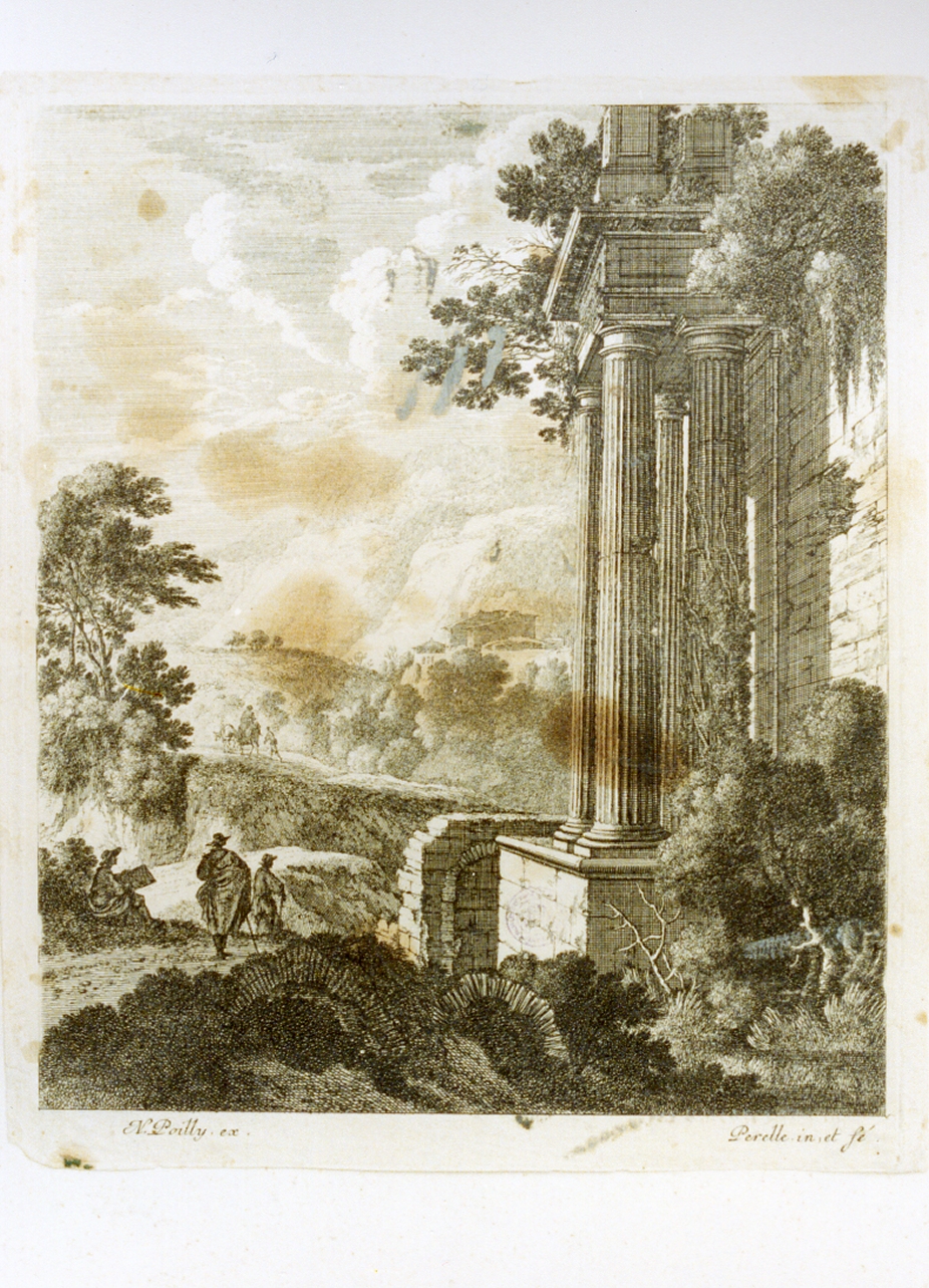 paesaggio con rovine (stampa) - ambito francese (sec. XVII)