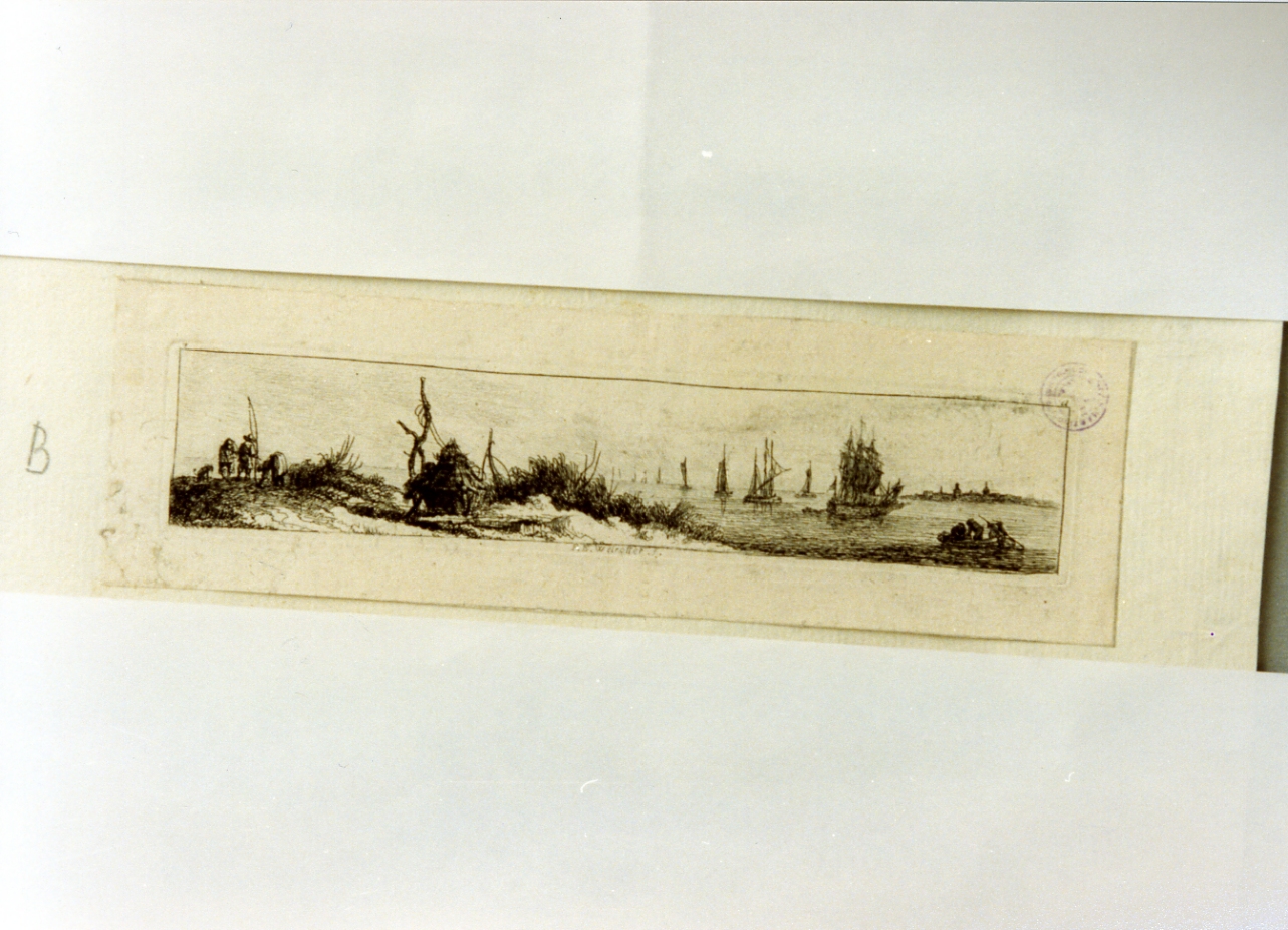 marina con pescatori e barche (stampa tagliata) di Weirotter Franz Edmund (sec. XVIII)