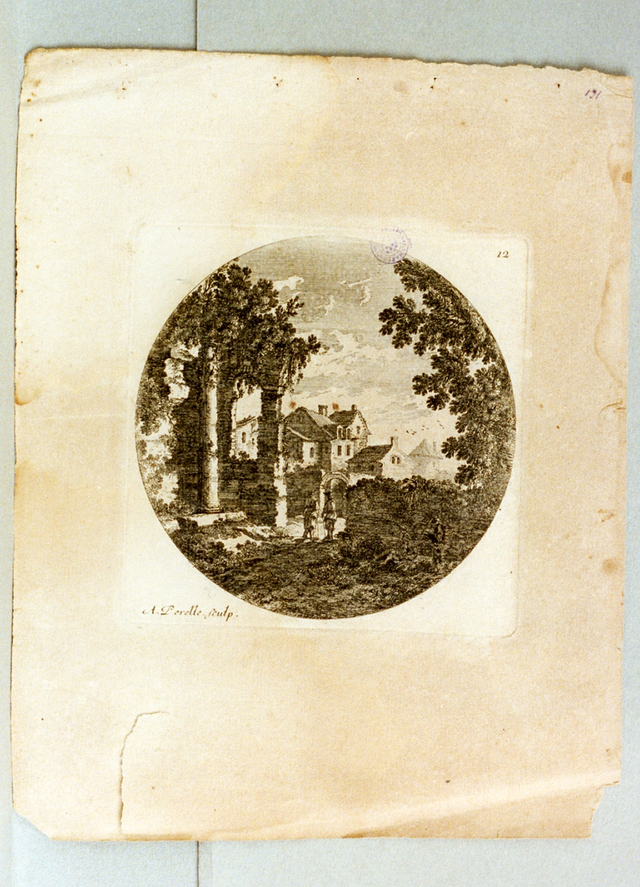 paesaggio con architetture (stampa) di Perelle Adam (sec. XVII)
