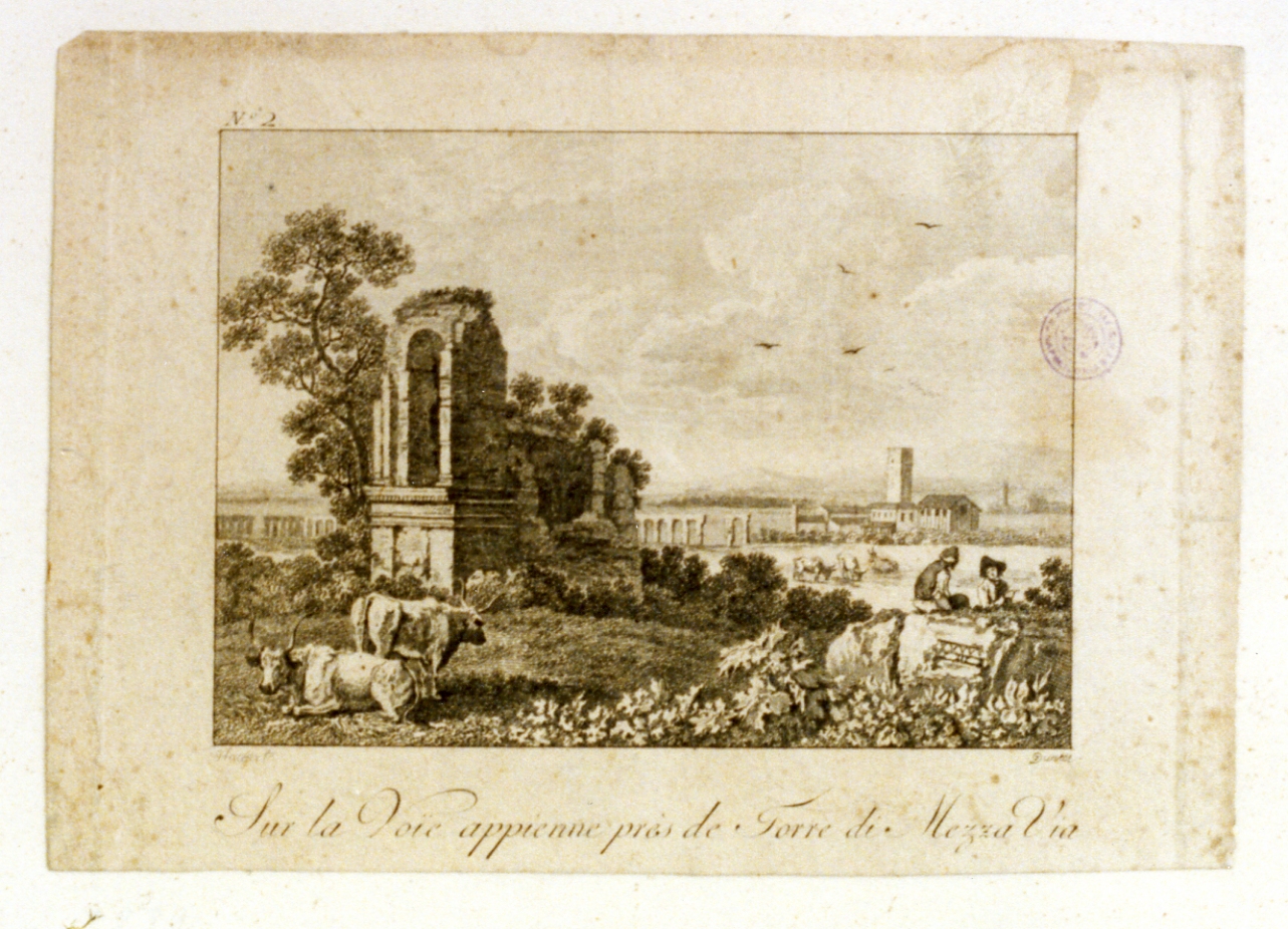 paesaggio con rovine (stampa) di Hackert Philipp, Dunker Balthasar Anton (secc. XVIII/ XIX)