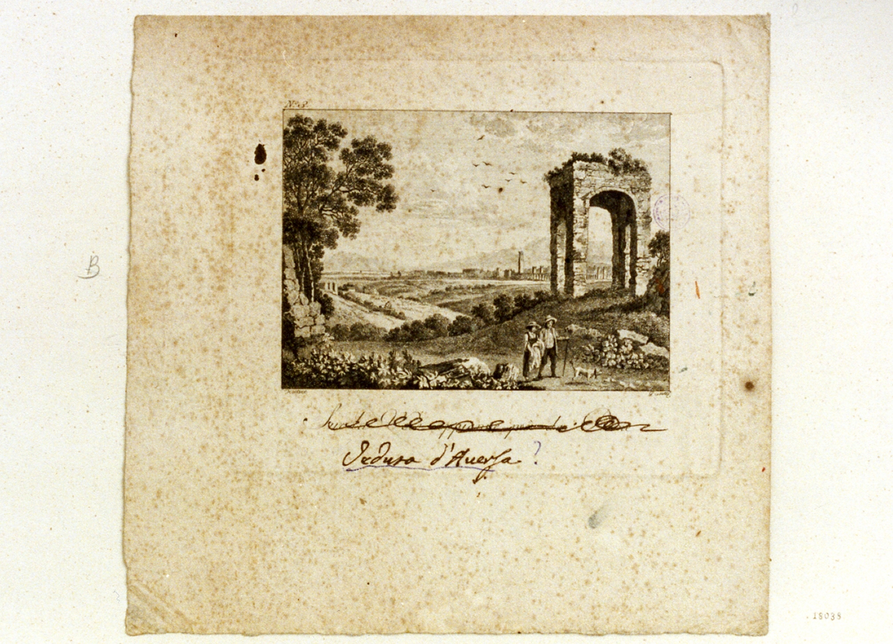 veduta con rovine e figure (stampa tagliata) di Hackert Philipp, Dunker Balthasar Anton (secc. XVIII/ XIX)