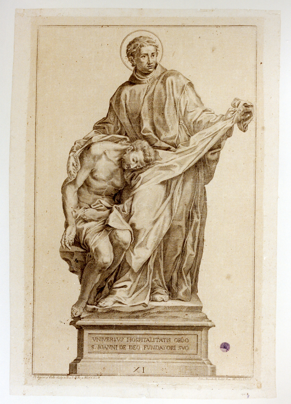 statua di San Giovanni di Dio (stampa tagliata) di Bombelli Pietro Leone (sec. XVIII)