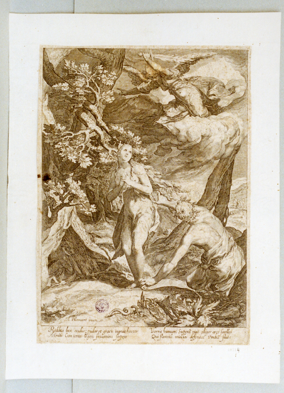 cacciata di Adamo ed Eva dal paradiso terrestre (stampa tagliata) di Bloemaert Abraham (secc. XVI/ XVII)