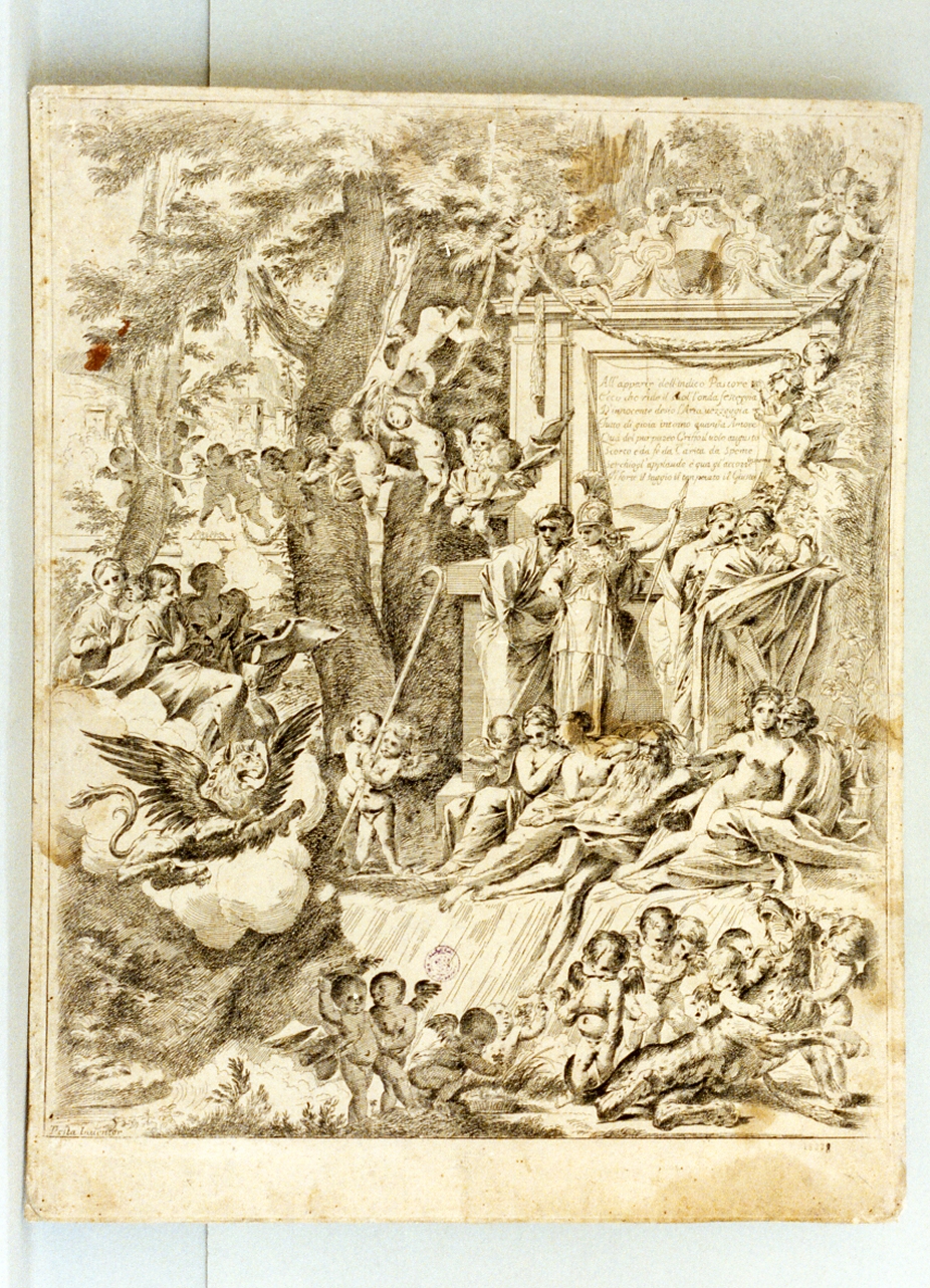 allegoria con tre virtù teologali (stampa tagliata) di Testa Pietro detto Lucchesino (sec. XVII)